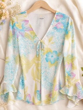 Y2K Sheer Floral Blouse Tie Front Bell Sleeve Fairycore Top Size S/M